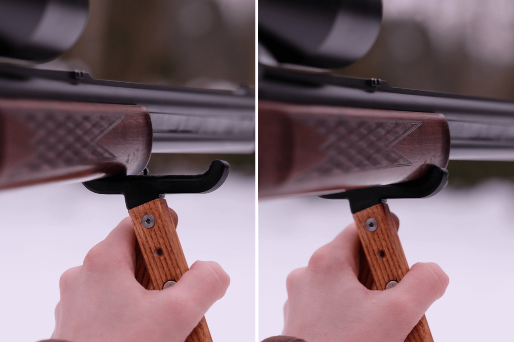 Nahaufnahme: Gewehrschaft liegt auf der breiten Vari-Auflage zum Mitschwingen